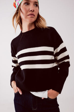 Q2 Women's Sweater 2 in 1 Striped Sweater with Shirt Underlay in Black