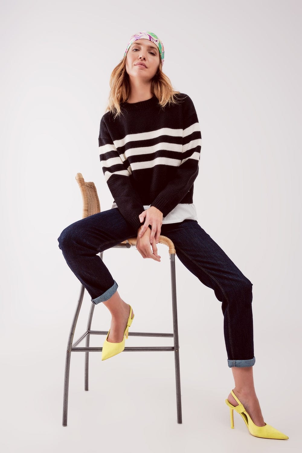 Q2 Women's Sweater 2 in 1 Striped Sweater with Shirt Underlay in Black