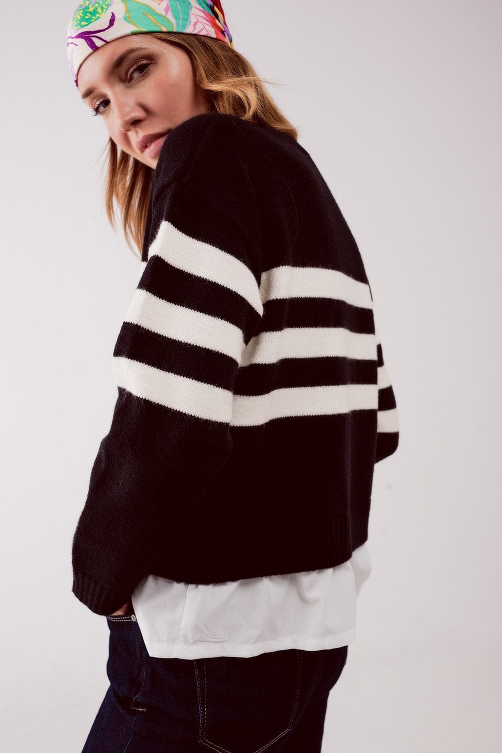 Q2 Women's Sweater 2 in 1 Striped Sweater with Shirt Underlay in Black