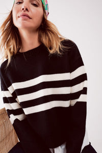 Q2 Women's Sweater 2 in 1 Striped Sweater with Shirt Underlay in Black