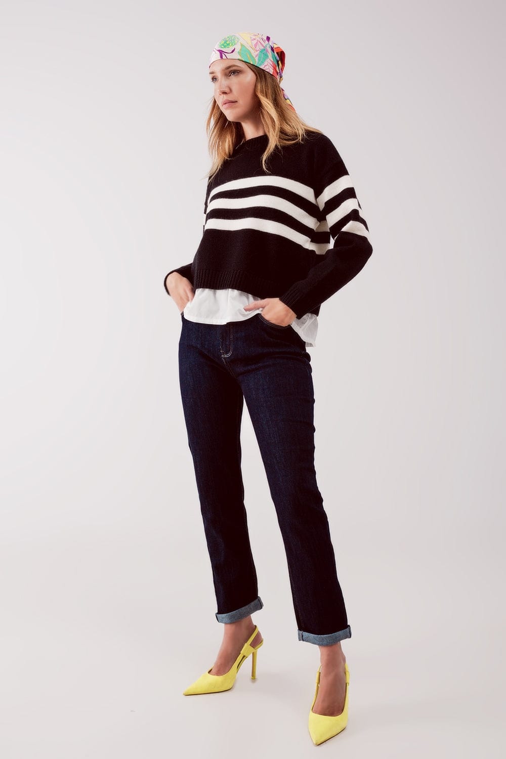 Q2 Women's Sweater 2 in 1 Striped Sweater with Shirt Underlay in Black