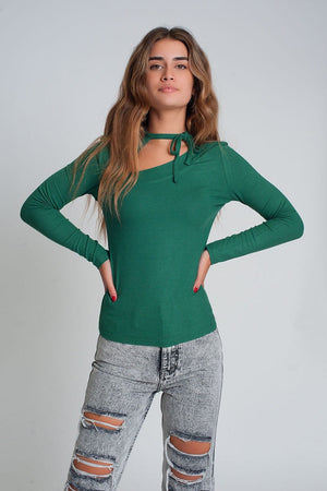 Q2 Women's Sweater Asymmetric Neck Sweater in Green