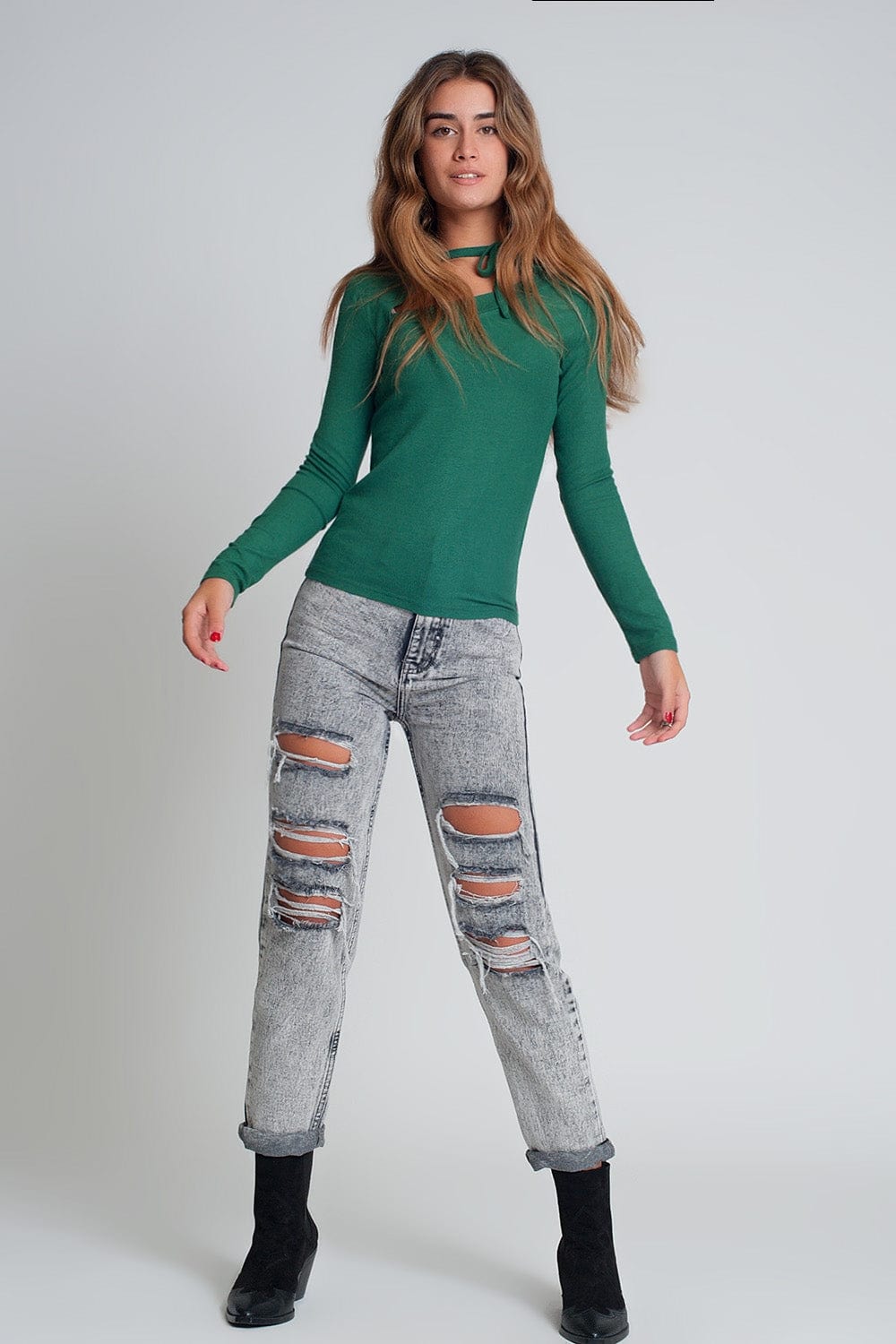 Q2 Women's Sweater Asymmetric Neck Sweater in Green