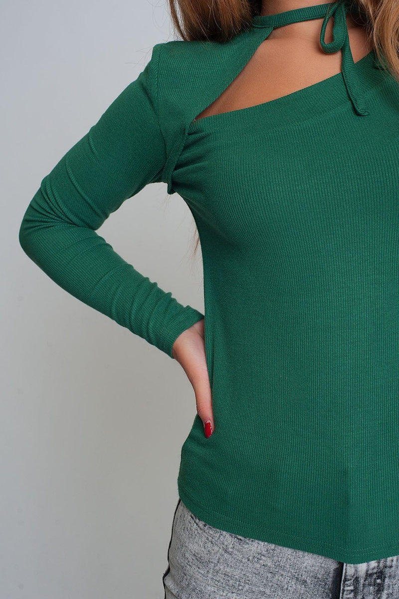 Q2 Women's Sweater Asymmetric Neck Sweater in Green