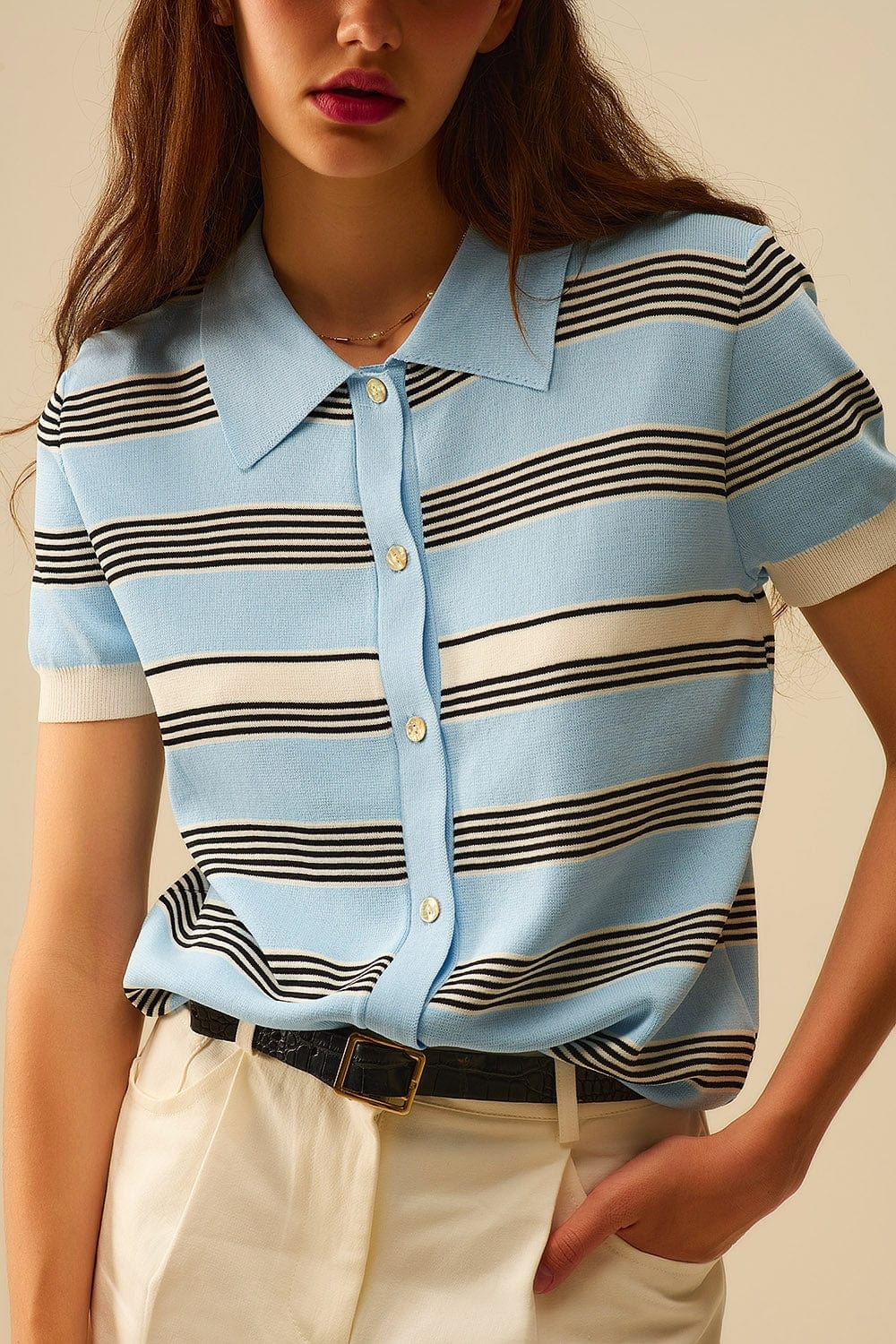 Q2 Women's Sweater Baby Blue Striped Button-Up Polo
