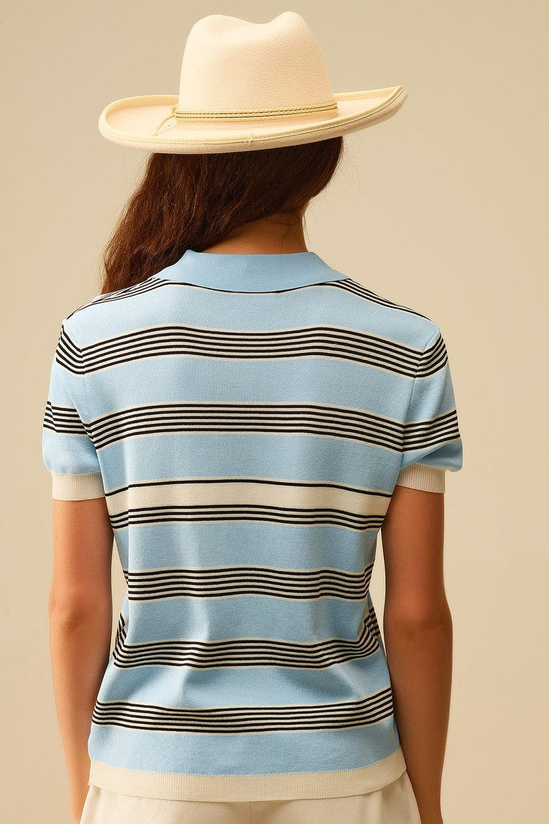Q2 Women's Sweater Baby Blue Striped Button-Up Polo