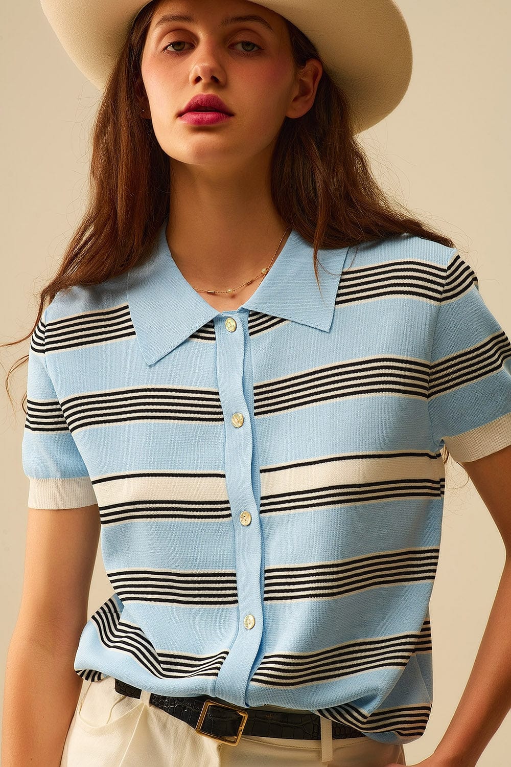Q2 Women's Sweater Baby Blue Striped Button-Up Polo