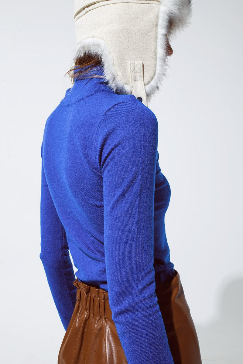 Q2 Women's Sweater Basic Blue Fine Knit Bodycon Sweater
