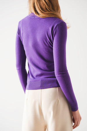 Q2 Women's Sweater Basic Fine Knit High Neck Jumper in Purple