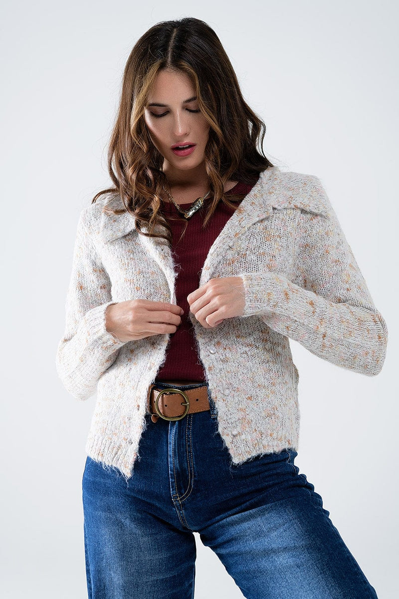 Q2 Women's Sweater Beige Cardigan With Pearl Buttons