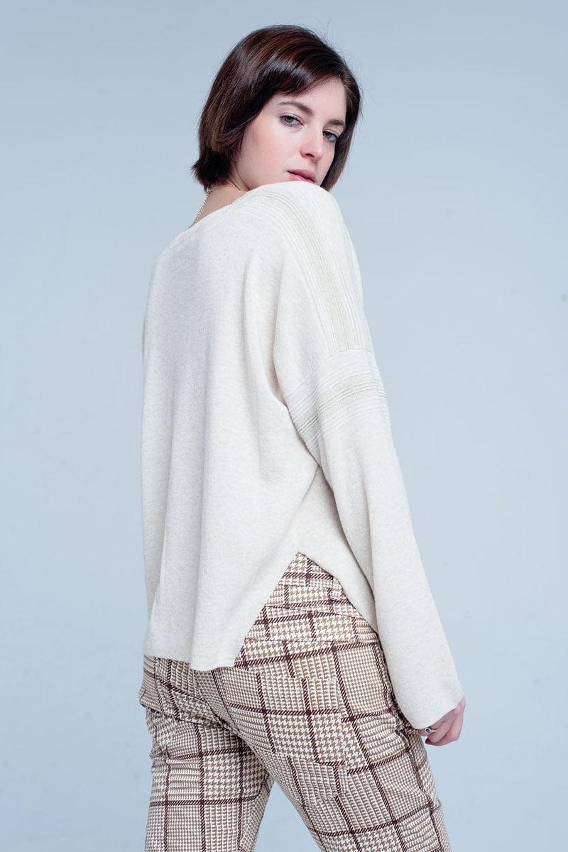 Q2 Women's Sweater Beige Fine Knitted Sweater with Glitter Details