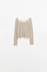 Q2 Women's Sweater Beige Striped Fine Knit Sweater With Boat Neck