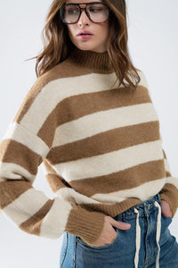 Q2 Women's Sweater Beige Striped Turtleneck Sweater