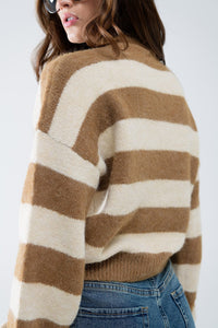 Q2 Women's Sweater Beige Striped Turtleneck Sweater