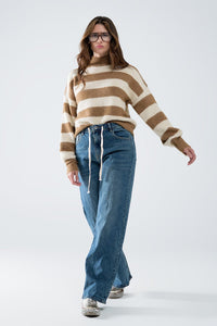 Q2 Women's Sweater Beige Striped Turtleneck Sweater