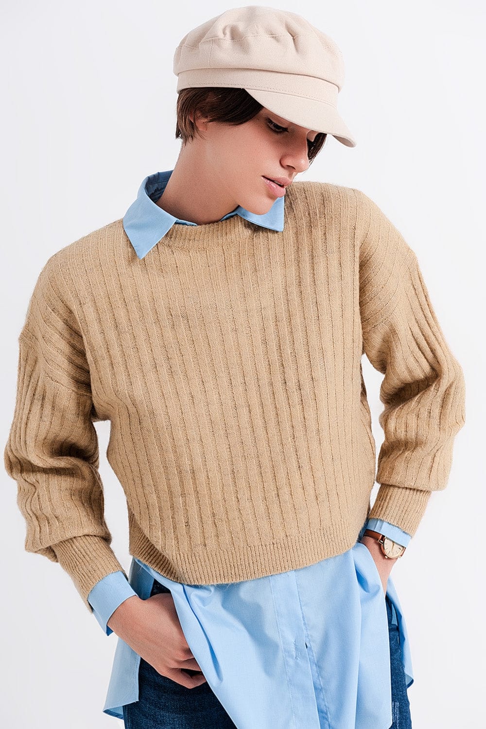 Q2 Women's Sweater Beige Sweater in Stripe