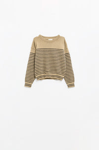 Q2 Women's Sweater Beige Sweater With Black Stripes And Boat Neck