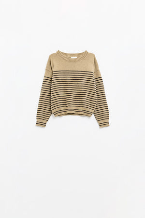 Q2 Women's Sweater Beige Sweater With Black Stripes And Boat Neck