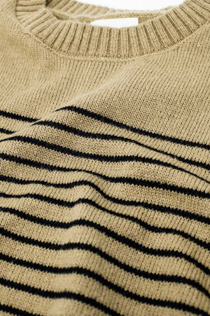 Q2 Women's Sweater Beige Sweater With Black Stripes And Boat Neck