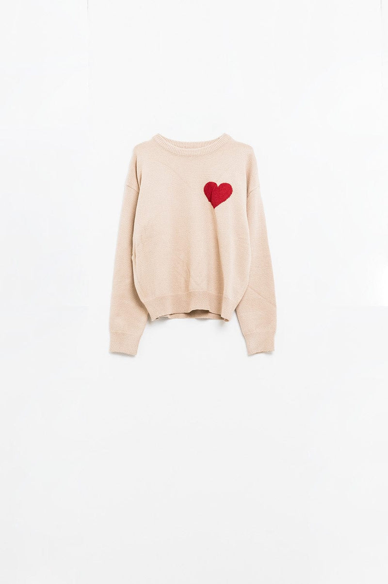 Q2 Women's Sweater Beige Sweater With Red Heart Detail