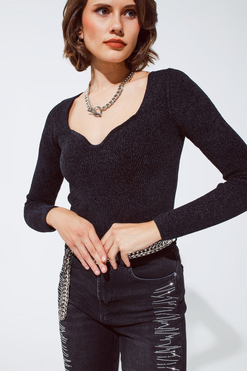 Q2 Women's Sweater Black Chenille Sweetheart Neck Top