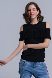 Q2 Women's Sweater Black cold shoulder sweater with ruffle and lace