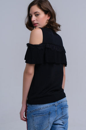 Q2 Women's Sweater Black cold shoulder sweater with ruffle and lace