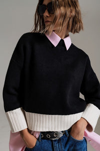 Q2 Women's Sweater Black Jumper With White Ribbed Cuffs And Hem