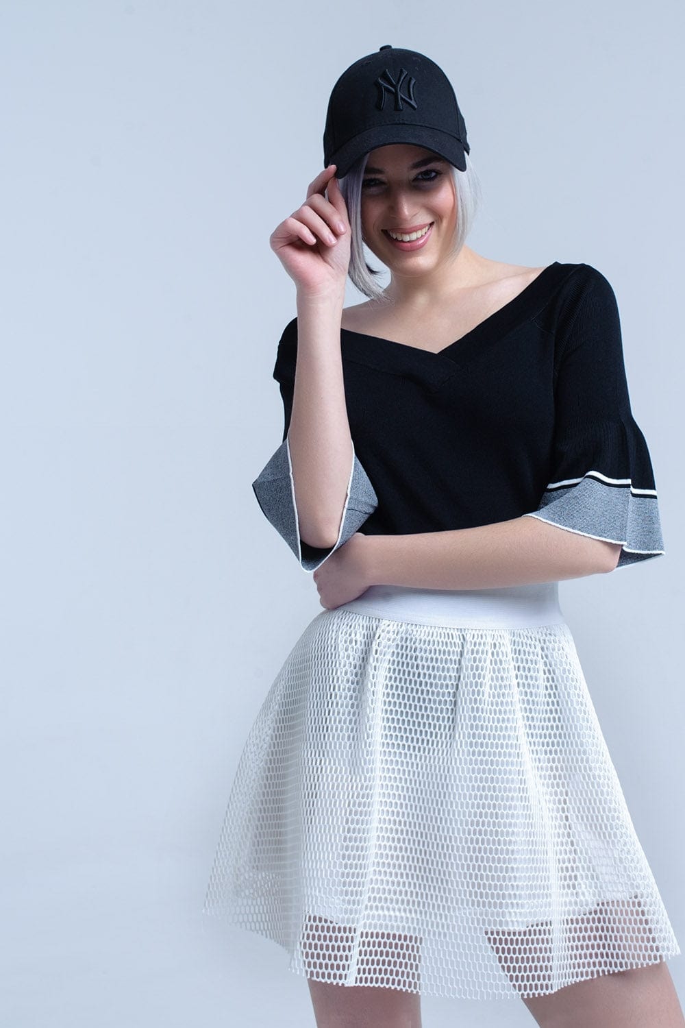Q2 Women's Sweater Black knit sweater with bell sleeve