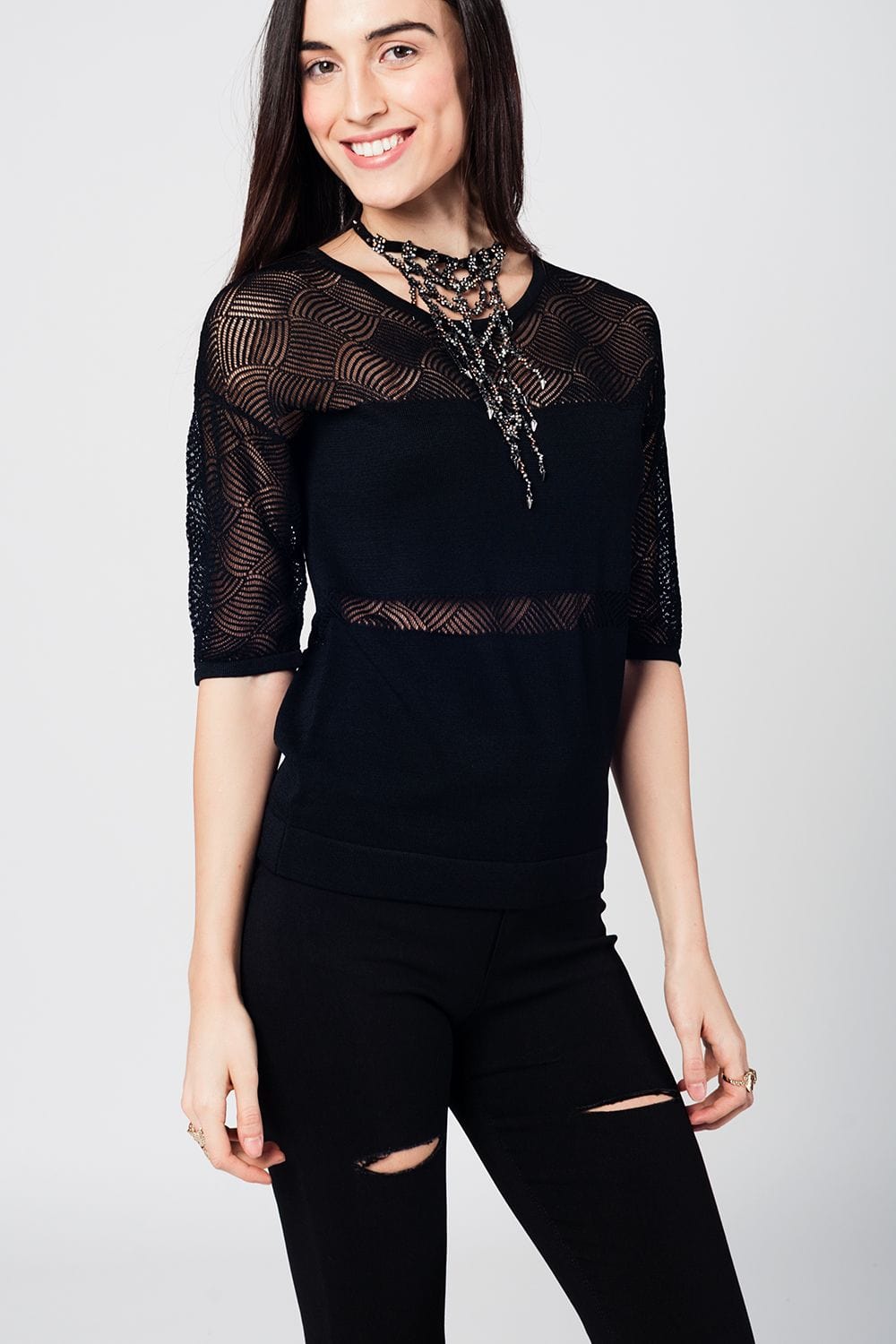 Q2 Women's Sweater Black knitted top with lace contrast detail