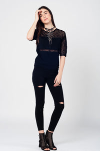 Q2 Women's Sweater Black knitted top with lace contrast detail