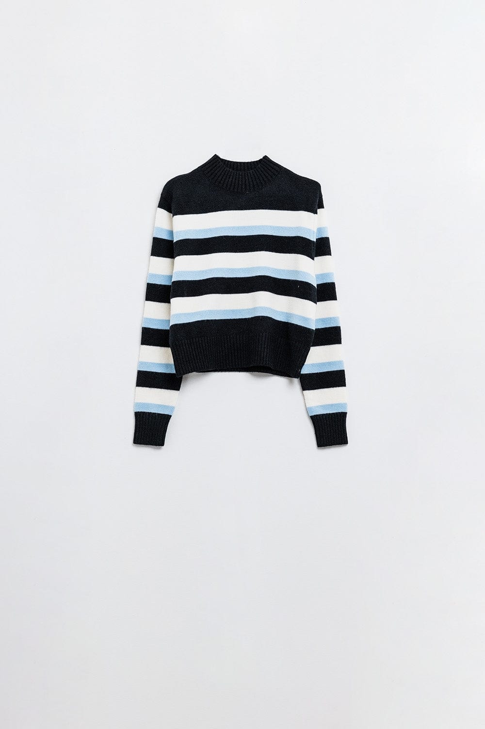 Q2 Women's Sweater Black Sweater With Blue And White Stripes And A High Neck