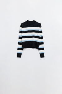 Q2 Women's Sweater Black Sweater With Blue And White Stripes And A High Neck