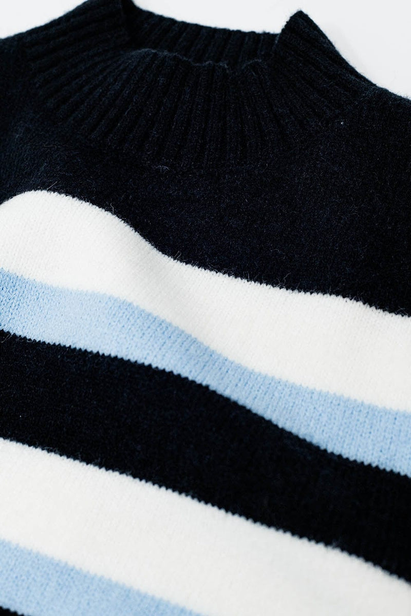 Q2 Women's Sweater Black Sweater With Blue And White Stripes And A High Neck