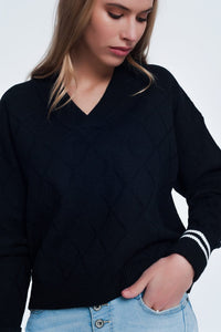 Q2 Women's Sweater Black Sweater with Diamond Pattern