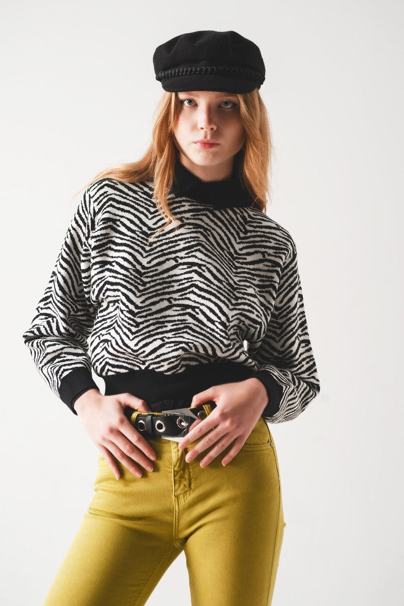 Q2 Women's Sweater Black Sweater with Zebra Pattern