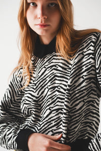 Q2 Women's Sweater Black Sweater with Zebra Pattern