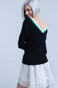 Q2 Women's Sweater Black V-neck jersey with green and white contrast trim