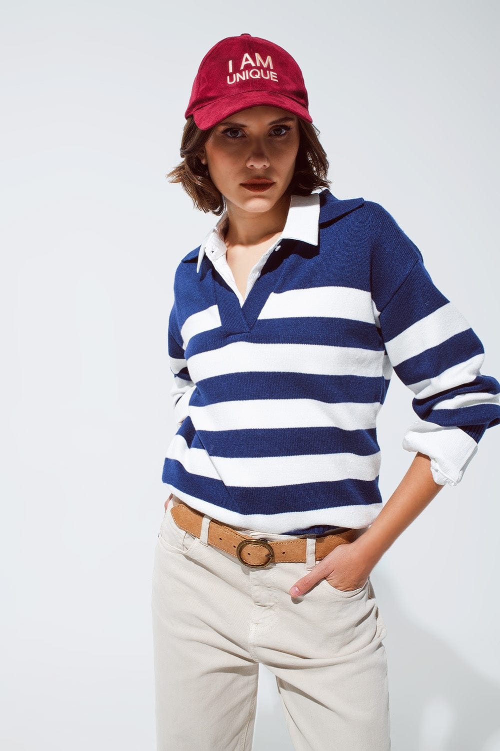 Q2 Women's Sweater Blue And White Striped Sweater With V Neck And Polo Collar