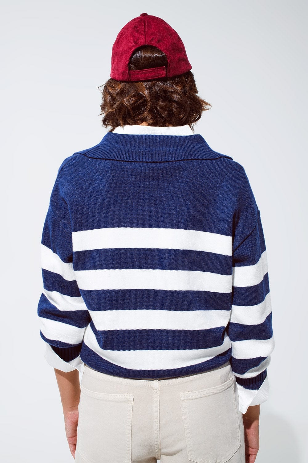 Q2 Women's Sweater Blue And White Striped Sweater With V Neck And Polo Collar