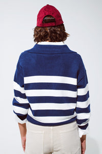 Q2 Women's Sweater Blue And White Striped Sweater With V Neck And Polo Collar