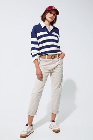 Q2 Women's Sweater Blue And White Striped Sweater With V Neck And Polo Collar