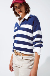 Q2 Women's Sweater Blue And White Striped Sweater With V Neck And Polo Collar