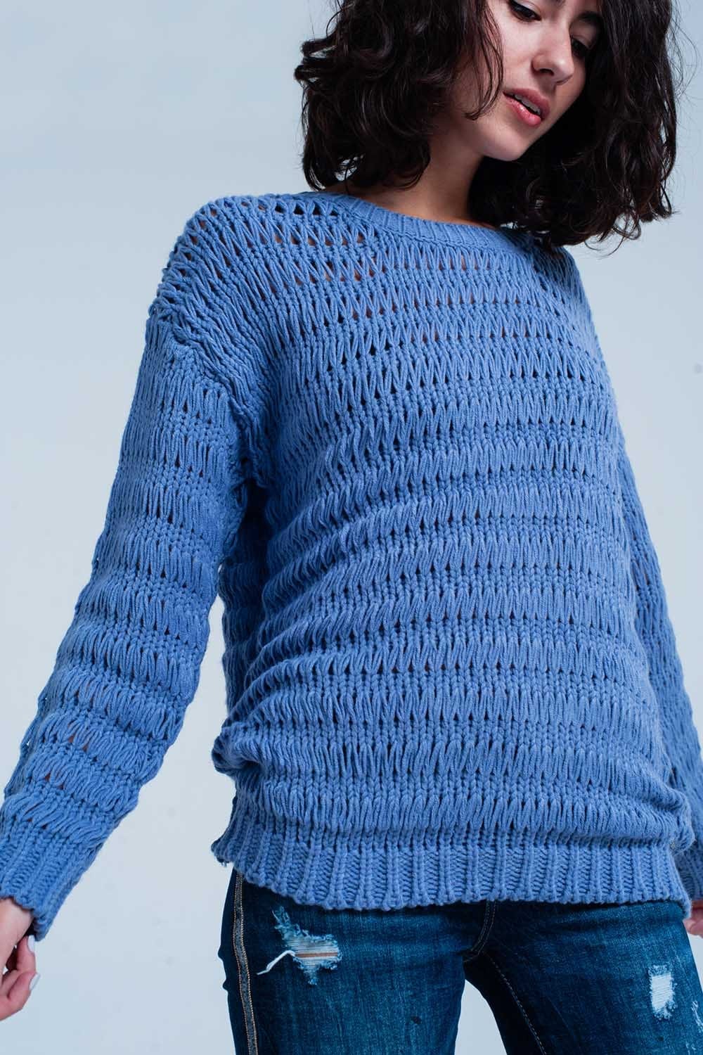 Q2 Women's Sweater Blue Dropstitch Knitted Sweater