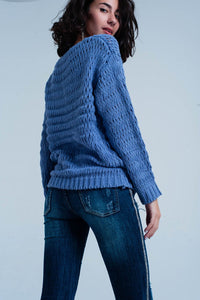 Q2 Women's Sweater Blue Dropstitch Knitted Sweater