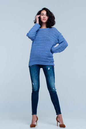 Q2 Women's Sweater Blue Dropstitch Knitted Sweater