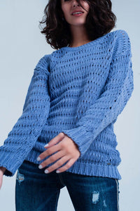 Q2 Women's Sweater Blue Dropstitch Knitted Sweater