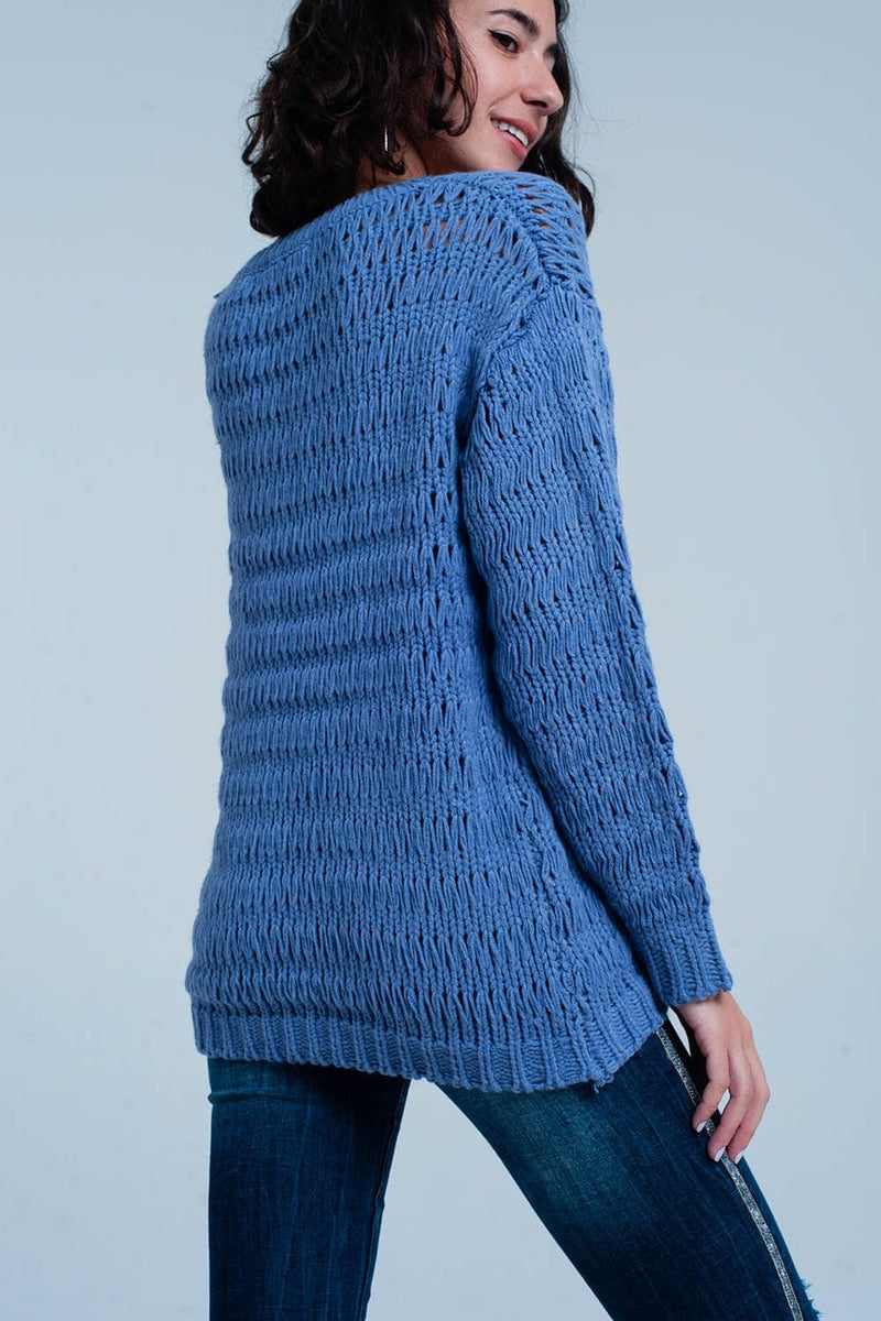 Q2 Women's Sweater Blue Dropstitch Knitted Sweater