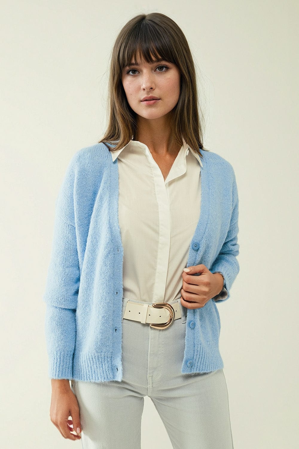 Q2 Women's Sweater Blue Knit Cardigan With Wide V-Neck And Button Closure