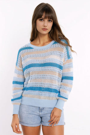 Q2 Women's Sweater Blue Knit Sweater With Blue And White Stripes